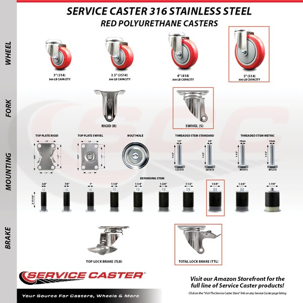 Service Caster 5 Inch 316SS Red Poly Swivel 1-5/8 Inch Expanding Stem Caster Lock Brake SCC SCC-SS316TTLEX20S514-PPUB-RED-158 - main